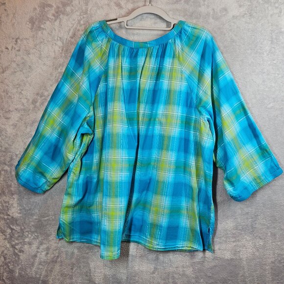 Catherines Plaid Peasant Top Womens 3X Turquoise Green silver Embroidery peasant - Picture 2 of 13